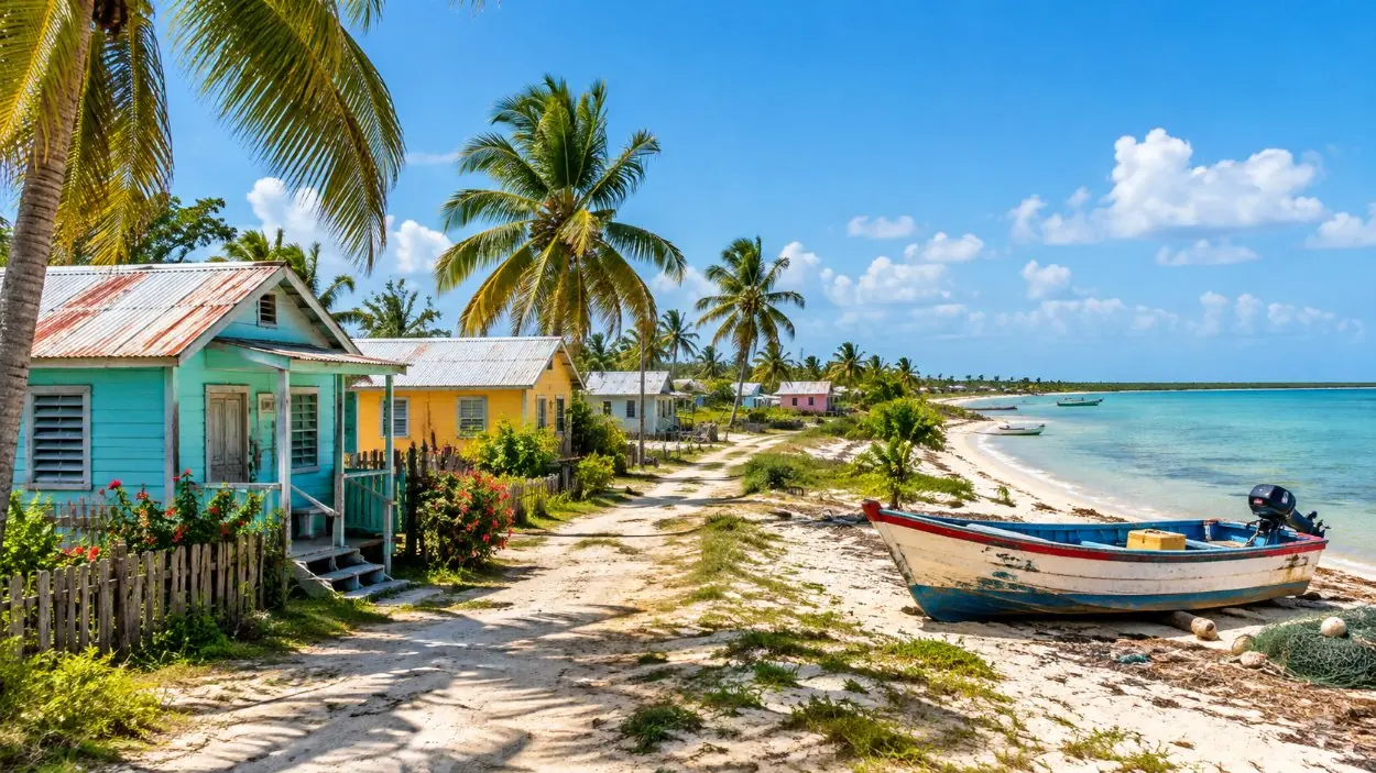 Pastel-painted wooden houses among palms in a small fishing village