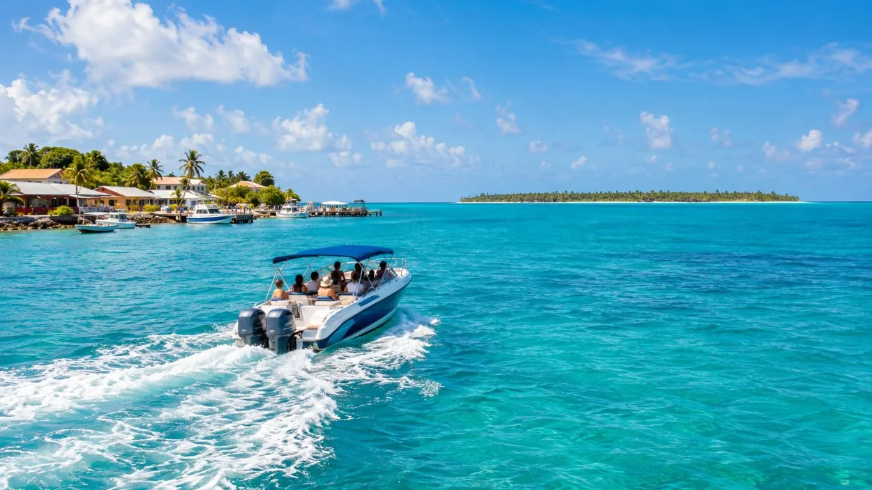A speedboat crossing turquoise sea from the mainland towards a long flat palm-covered island